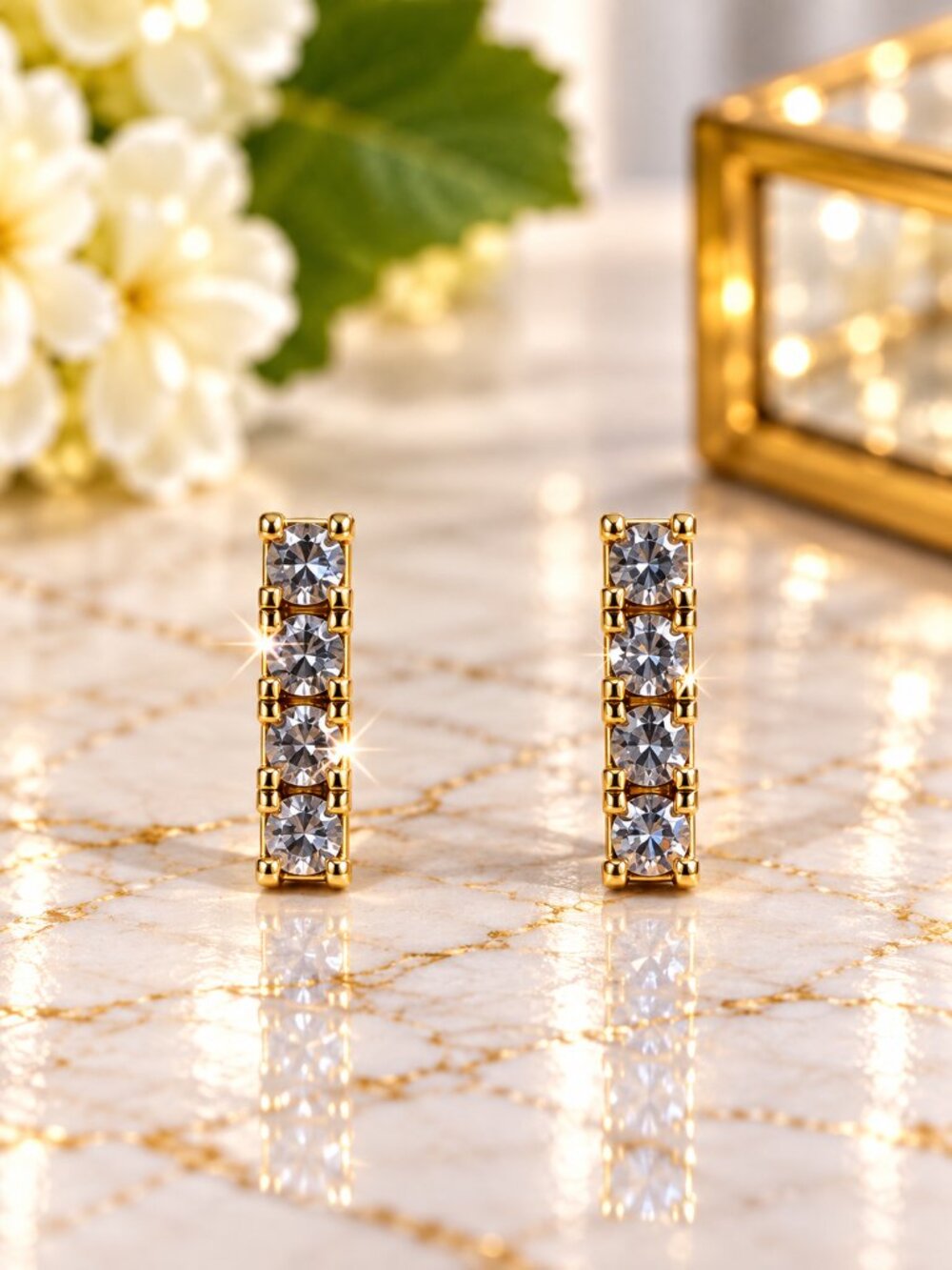 Gold Clear Linear Crystal Bar Stud Earrings 4 Stone Sparkly Minimalist Jewelry